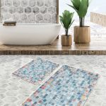 2'li Set Bej Zeminde Patchwork Motifli Çiçek Desenli Vintage Klasik  2'li Banyo & Mutfak Paspas Takımı Realhomes