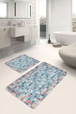 2'li Set Renkli Zeminde Eskitme Motifli Kare Desenli Vintage Eskitme Motifli  2'li Banyo & Mutfak Paspas Takımı Realhomes