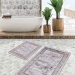 2'li Set Kahverengi - Beyaz Zeminde Kareli Motifli Dokuma Desenli Eskitme Motifli Vintage  2'li Banyo & Mutfak Paspas Takımı Realhomes