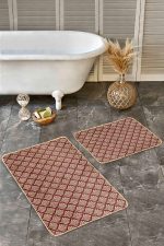 - Realhomes - Realhomes  2'li Set Bordo Zeminde Altın Motifli Yaprak Desenli Floral Sade & Şık  2'li Banyo & Mutfak Paspas Takımı Realhomes