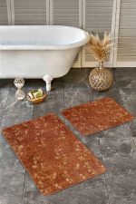 - Realhomes - Realhomes 2'li Set Kiremit Zeminde Altın Motifli Kuru Çiçek Desenli Floral Klasik 2'li Banyo & Mutfak Paspas Takımı Realhomes