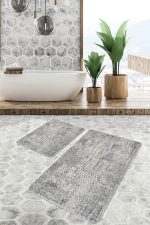 2'li Set Renkli Zeminde Modern Motifli Geometrik Desenli Eskitme Motifli Klasik  2'li Banyo & Mutfak Paspas Takımı Realhomes