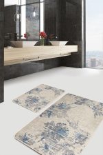- PaspasTakimi-2li-Set516-Gorsel-1 - Realhomes  2'li Set Açık Gri Zeminde Soyut Lacivert Motifli Çiçek Desenli Floral Sade & Şık  2'li Banyo & Mutfak Paspas Takımı Realhomes