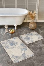 - Realhomes - Realhomes  2'li Set Açık Gri Zeminde Soyut Lacivert Motifli Çiçek Desenli Floral Sade & Şık  2'li Banyo & Mutfak Paspas Takımı Realhomes