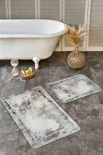 - Realhomes - Realhomes  2'li Set Beyaz Zeminde Eskitme Motifli Duvar Desenli Vintage Eskitme Motifli  2'li Banyo & Mutfak Paspas Takımı Realhomes