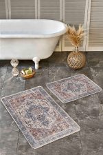 - Realhomes - Realhomes  2'li Set Renkli Zeminde Soyut Motifli Kilim Desenli Eskitme Motifli Avangarde  2'li Banyo & Mutfak Paspas Takımı Realhomes