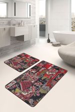 2'li Set Siyah - Kırmızı Zeminde Patchwork Motifli Kanaviçe Desenli Vintage Floral  2'li Banyo & Mutfak Paspas Takımı Realhomes