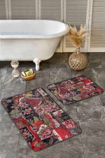 2'li Set Siyah - Kırmızı Zeminde Patchwork Motifli Kanaviçe Desenli Vintage Floral  2'li Banyo & Mutfak Paspas Takımı Realhomes