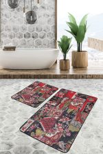 2'li Set Siyah - Kırmızı Zeminde Patchwork Motifli Kanaviçe Desenli Vintage Floral  2'li Banyo & Mutfak Paspas Takımı Realhomes