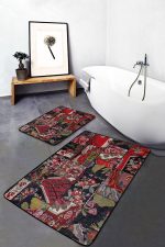 2'li Set Siyah - Kırmızı Zeminde Patchwork Motifli Kanaviçe Desenli Vintage Floral  2'li Banyo & Mutfak Paspas Takımı Realhomes