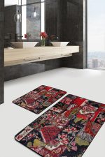 2'li Set Siyah - Kırmızı Zeminde Patchwork Motifli Kanaviçe Desenli Vintage Floral  2'li Banyo & Mutfak Paspas Takımı Realhomes