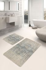 2'li Set Krem Zeminde Eskitme Motifli Geometrik Desenli Eskitme Motifli Vintage  2'li Banyo & Mutfak Paspas Takımı Realhomes