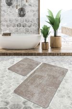 2'li Set Ekru Zeminde Örgü Motifli Eskitme Desenli Vintage Eskitme Motifli  2'li Banyo & Mutfak Paspas Takımı Realhomes