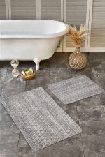 - Realhomes - Realhomes  2'li Set Bej Zeminde Üçgen Örgü Motifli Hasır Desenli Vintage Eskitme Motifli  2'li Banyo & Mutfak Paspas Takımı Realhomes