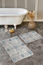 - Realhomes - Realhomes 2'li Set Bej - Mavi Zeminde Artdeco Motifli Geleneksel Desenli Etnik Motifler Vintage 2'li Banyo & Mutfak Paspas Takımı Realhomes