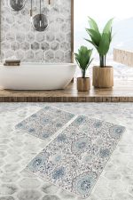 - PaspasTakimi-2li-Set531-Gorsel-4 - Realhomes 2'li Set Bej - Mavi Zeminde Artdeco Motifli Geleneksel Desenli Etnik Motifler Vintage 2'li Banyo & Mutfak Paspas Takımı Realhomes