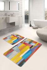 - PaspasTakimi-2li-Set532-Gorsel - Realhomes  2'li Set Renkli Zeminde Soyut Motifli Sulu Boya Desenli Klasik Modern  2'li Banyo & Mutfak Paspas Takımı Realhomes