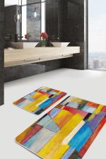 - PaspasTakimi-2li-Set532-Gorsel-4 - Realhomes  2'li Set Renkli Zeminde Soyut Motifli Sulu Boya Desenli Klasik Modern  2'li Banyo & Mutfak Paspas Takımı Realhomes