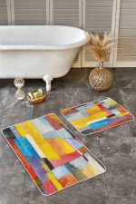 - Realhomes - Realhomes  2'li Set Renkli Zeminde Soyut Motifli Sulu Boya Desenli Klasik Modern  2'li Banyo & Mutfak Paspas Takımı Realhomes