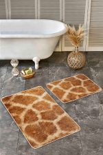 2'li Set Kahverengi Zeminde Zürafa Motifli Post Desenli Sade & Şık Klasik  2'li Banyo & Mutfak Paspas Takımı Realhomes