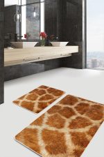 2'li Set Kahverengi Zeminde Zürafa Motifli Post Desenli Sade & Şık Klasik  2'li Banyo & Mutfak Paspas Takımı Realhomes