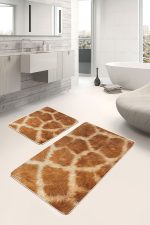 2'li Set Kahverengi Zeminde Zürafa Motifli Post Desenli Sade & Şık Klasik  2'li Banyo & Mutfak Paspas Takımı Realhomes