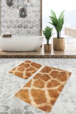 2'li Set Kahverengi Zeminde Zürafa Motifli Post Desenli Sade & Şık Klasik  2'li Banyo & Mutfak Paspas Takımı Realhomes