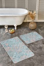 - Realhomes - Realhomes  2'li Set Açık Mavi Zeminde Renkli Motifli Geometrik Desenli Geometrik Klasik  2'li Banyo & Mutfak Paspas Takımı Realhomes