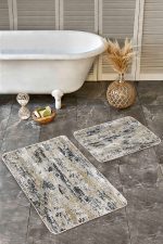 - Realhomes - Realhomes  2'li Set Renkli Zeminde Soyut Motifli Duvar Desenli Eskitme Motifli Vintage  2'li Banyo & Mutfak Paspas Takımı Realhomes