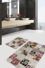 2'li Set Krem Zeminde Patchwork Motifli Örme Desenli Klasik Vintage  2'li Banyo & Mutfak Paspas Takımı Realhomes