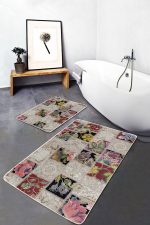2'li Set Krem Zeminde Patchwork Motifli Örme Desenli Klasik Vintage  2'li Banyo & Mutfak Paspas Takımı Realhomes