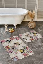 2'li Set Krem Zeminde Patchwork Motifli Örme Desenli Klasik Vintage  2'li Banyo & Mutfak Paspas Takımı Realhomes