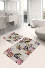 2'li Set Krem Zeminde Patchwork Motifli Örme Desenli Klasik Vintage  2'li Banyo & Mutfak Paspas Takımı Realhomes