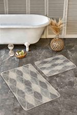 2'li Set Krem Zeminde Klasik Motifli Geometrik Desenli Geometrik Sade & Şık  2'li Banyo & Mutfak Paspas Takımı Realhomes