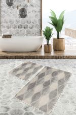 2'li Set Krem Zeminde Klasik Motifli Geometrik Desenli Geometrik Sade & Şık  2'li Banyo & Mutfak Paspas Takımı Realhomes