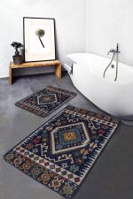 - PaspasTakimi-2li-Set539-Gorsel-2 - Realhomes  2'li Set Lacivert Zeminde İran Motifli Kilim Desenli Avangarde Vintage  2'li Banyo & Mutfak Paspas Takımı Realhomes