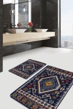 - PaspasTakimi-2li-Set539-Gorsel-4 - Realhomes  2'li Set Lacivert Zeminde İran Motifli Kilim Desenli Avangarde Vintage  2'li Banyo & Mutfak Paspas Takımı Realhomes