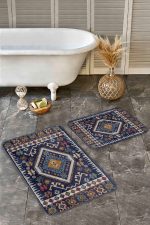 - Realhomes - Realhomes  2'li Set Lacivert Zeminde İran Motifli Kilim Desenli Avangarde Vintage  2'li Banyo & Mutfak Paspas Takımı Realhomes