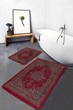 2'li Set Kırmızı Zeminde Antik Motifli Pers Desenli Avangarde Klasik  2'li Banyo & Mutfak Paspas Takımı Realhomes