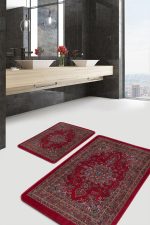 2'li Set Kırmızı Zeminde Antik Motifli Pers Desenli Avangarde Klasik  2'li Banyo & Mutfak Paspas Takımı Realhomes