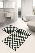2'li Set Siyah - Beyaz Zeminde Eskitme Motifli Dama Desenli Geometrik Klasik  2'li Banyo & Mutfak Paspas Takımı Realhomes