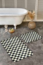 2'li Set Siyah - Beyaz Zeminde Eskitme Motifli Dama Desenli Geometrik Klasik  2'li Banyo & Mutfak Paspas Takımı Realhomes