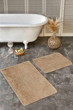 - Realhomes - Realhomes  2'li Set Bej Zeminde Hasır Motifli Jüt Desenli Sade & Şık Vintage  2'li Banyo & Mutfak Paspas Takımı Realhomes