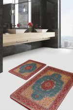 - PaspasTakimi-2li-Set545-Gorsel-4 - Realhomes  2'li Set Kırmızı Zeminde Osmanlı Motifli Uşak Desenli Vintage Avangarde  2'li Banyo & Mutfak Paspas Takımı Realhomes