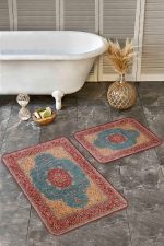 - Realhomes - Realhomes  2'li Set Kırmızı Zeminde Osmanlı Motifli Uşak Desenli Vintage Avangarde  2'li Banyo & Mutfak Paspas Takımı Realhomes