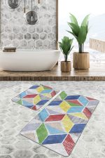 2'li Set Gri Zeminde Sulu Boya Motifli Geometrik Desenli Geometrik Sade & Şık  2'li Banyo & Mutfak Paspas Takımı Realhomes