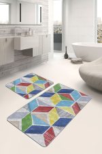 2'li Set Gri Zeminde Sulu Boya Motifli Geometrik Desenli Geometrik Sade & Şık  2'li Banyo & Mutfak Paspas Takımı Realhomes