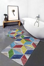 2'li Set Gri Zeminde Sulu Boya Motifli Geometrik Desenli Geometrik Sade & Şık  2'li Banyo & Mutfak Paspas Takımı Realhomes