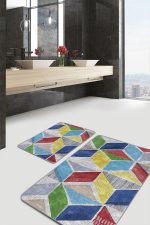 2'li Set Gri Zeminde Sulu Boya Motifli Geometrik Desenli Geometrik Sade & Şık  2'li Banyo & Mutfak Paspas Takımı Realhomes