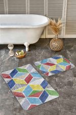 2'li Set Gri Zeminde Sulu Boya Motifli Geometrik Desenli Geometrik Sade & Şık  2'li Banyo & Mutfak Paspas Takımı Realhomes